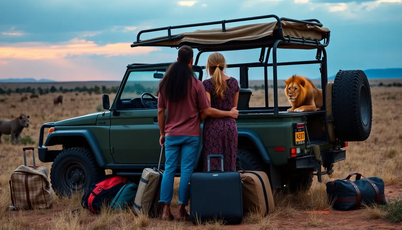 Couple regardant des animaux sauvages en Tanzanie