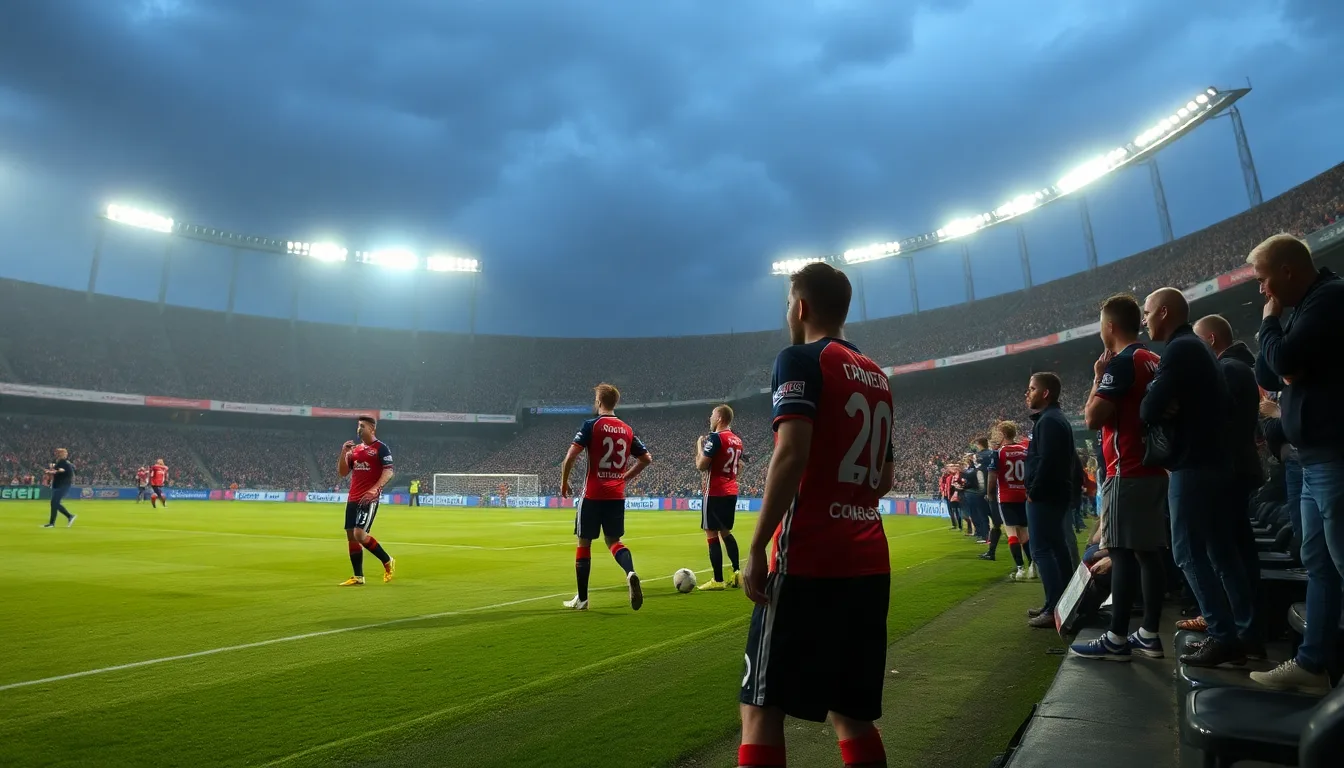 Terrain de football endommagé ou glissant après un incident, interrompant un match.