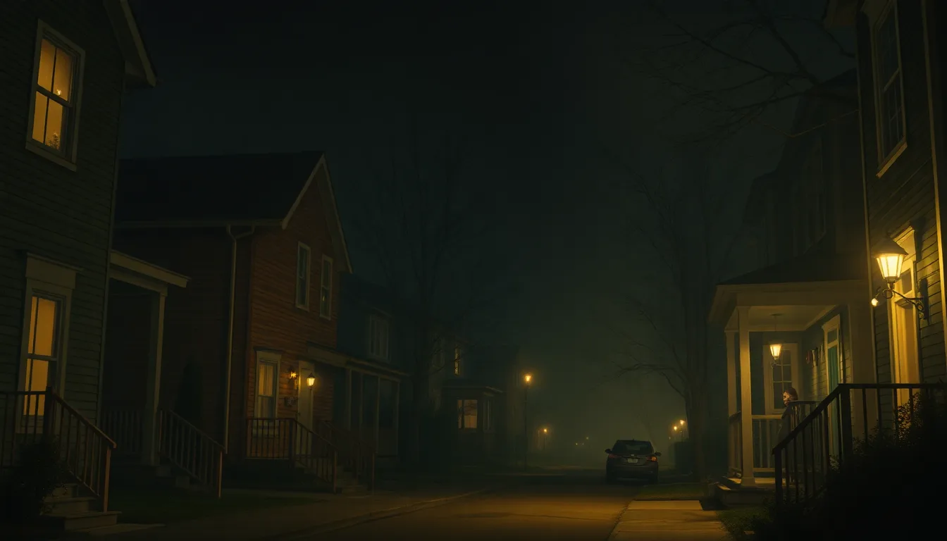 Une rue de maisons plongées dans l'obscurité, avec seulement quelques lumières lointaines