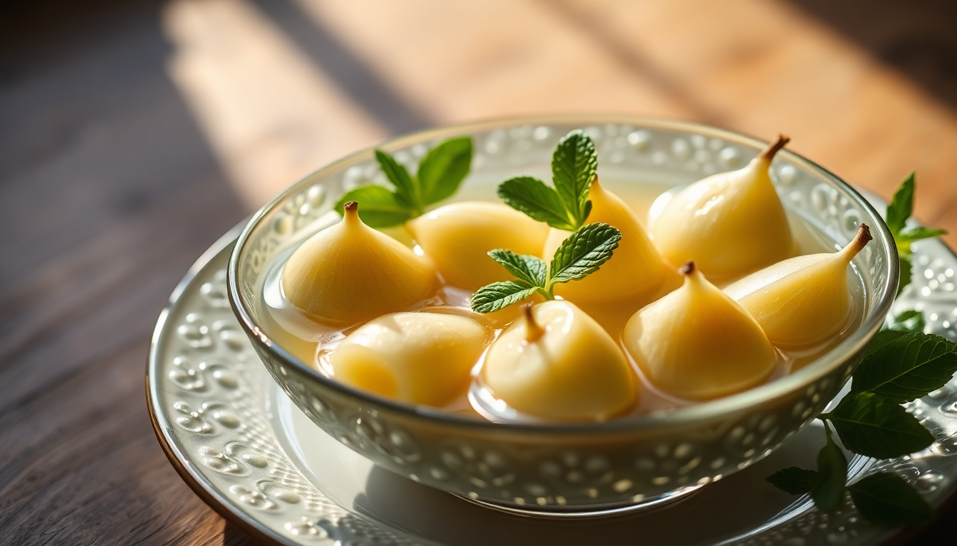Poires pochées à la verveine, dessert d'été léger et rafraîchissant.