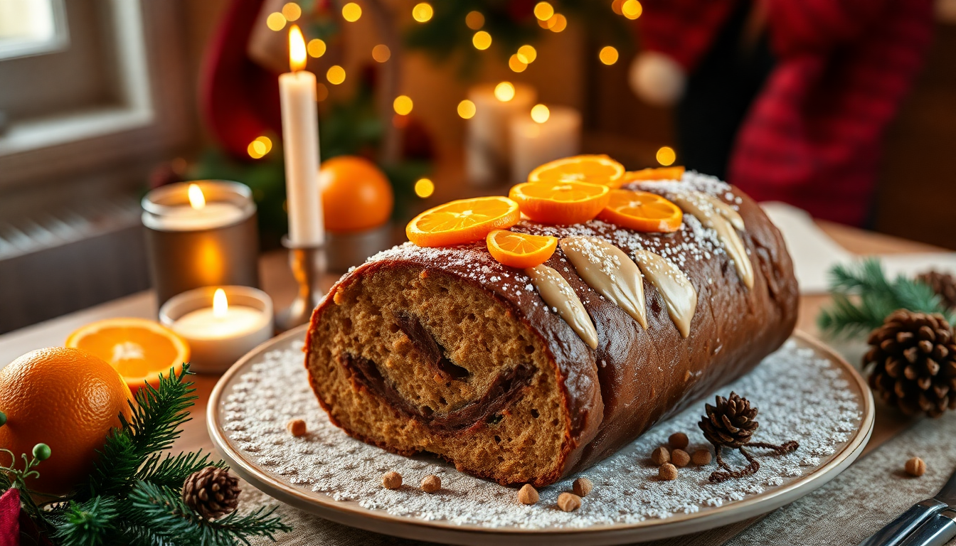 Bûche de Noël québécoise décorée avec des zestes d'orange confits et du sirop d'érable