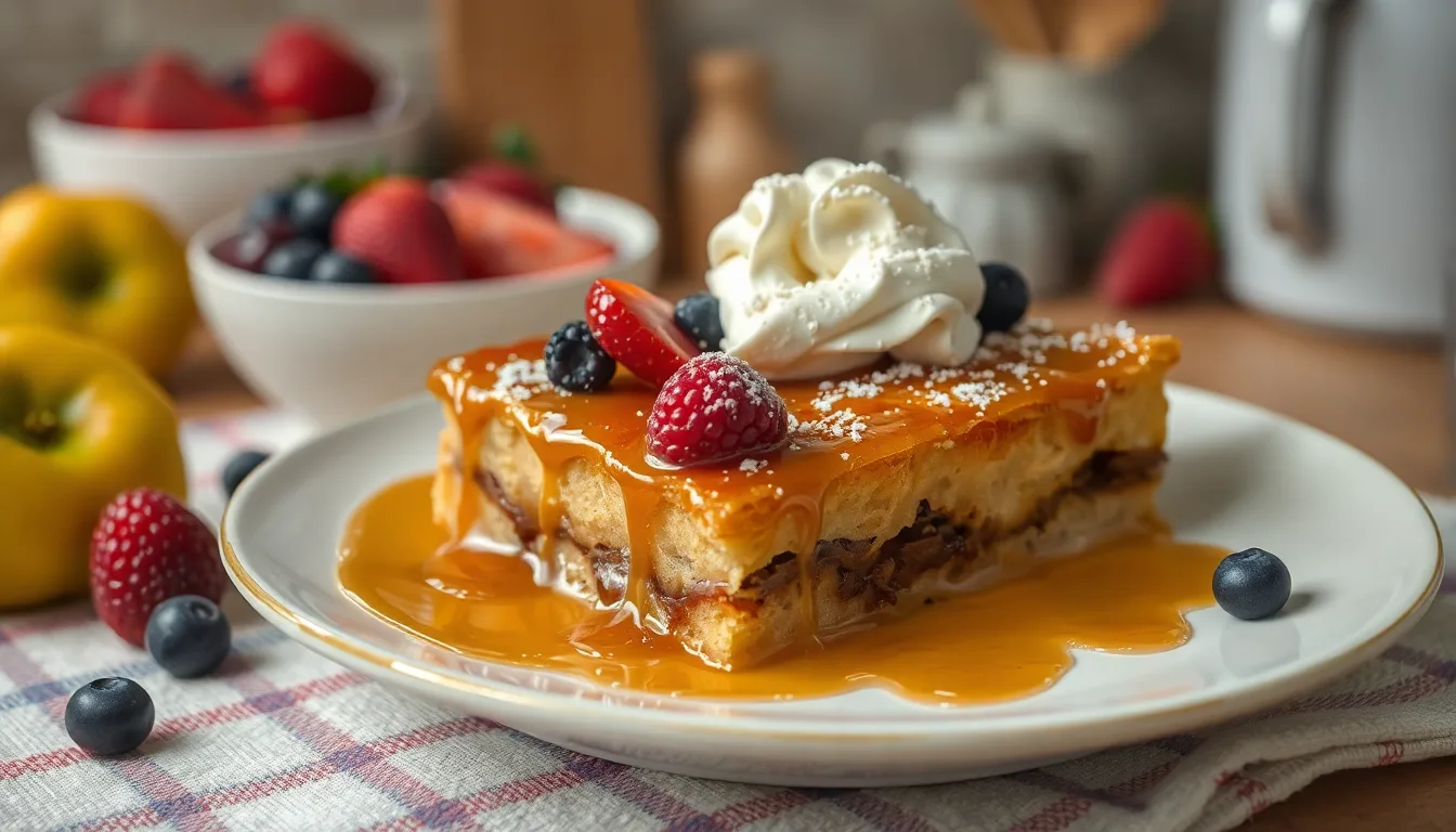 Un plat appétissant de pain perdu doré avec des fruits rouges et du sucre glace.