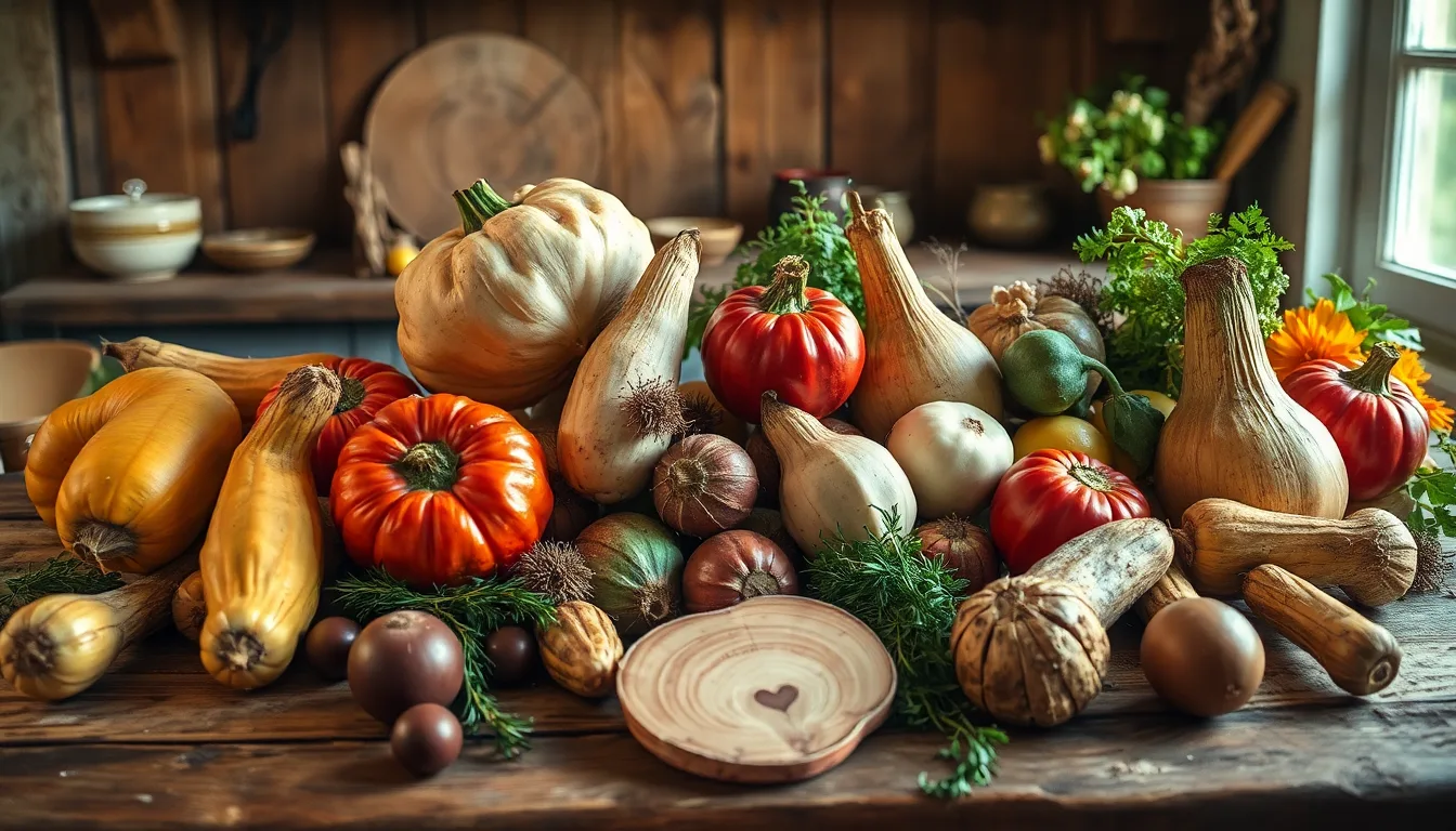 Un assortiment de légumes anciens et peu communs, disposés de manière rustique et appétissante.