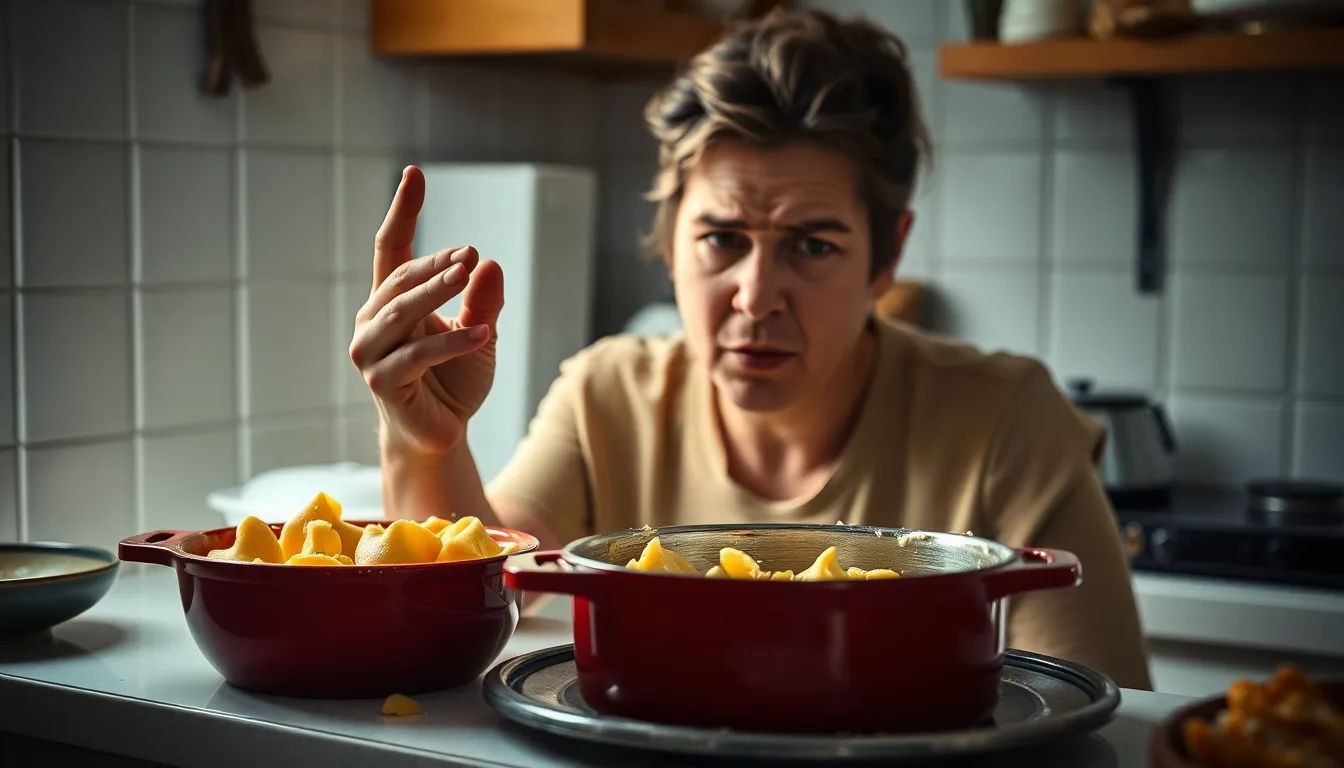 Une casserole de pâtes crues à côté d'une assiette de pâtes déjà préparées.