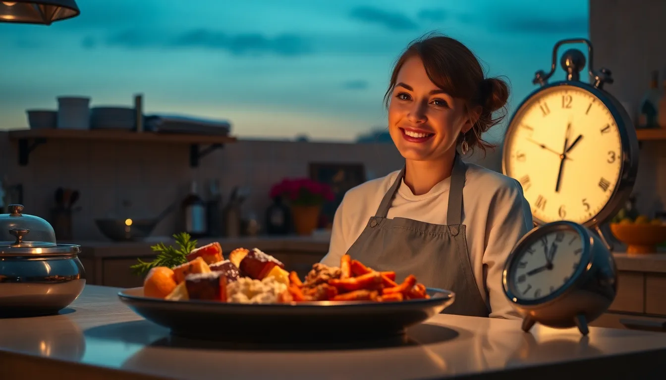 Une personne souriante devant un plat fait maison, montrant que la cuisine rapide peut être délicieuse.