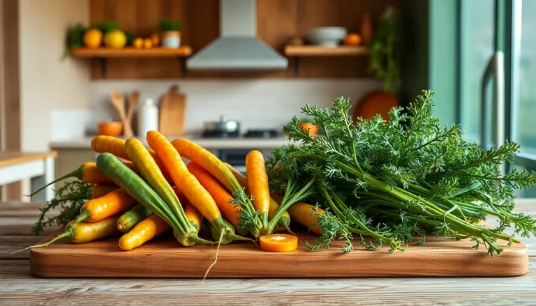Fanes de carottes fraîches préparées pour une recette vegan