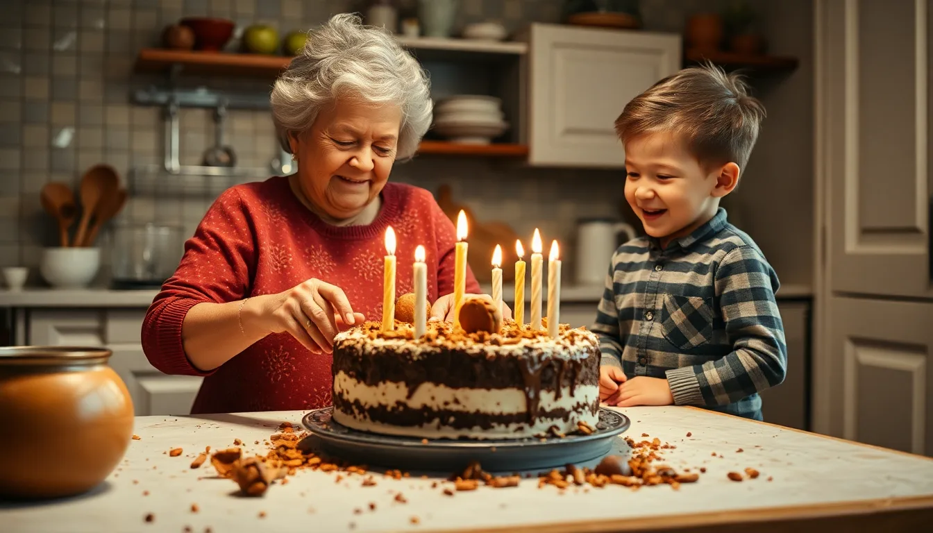 Un gâteau d'anniversaire qui a mal tourné, avec une grand-mère visiblement désemparée.