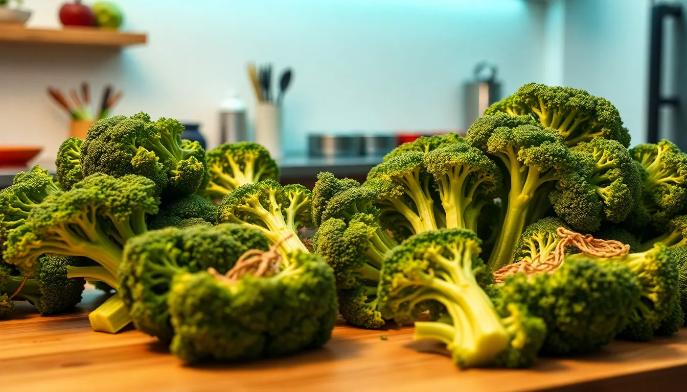 Tiges de brocoli coupées en rondelles et disposées artistiquement sur une planche en bois.