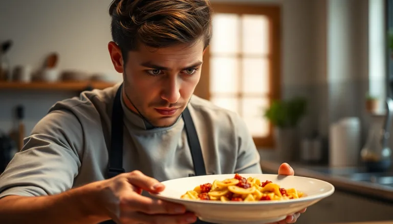 Plat de pâtes crues à côté d'une poêle avec de la sauce, symbolisant l'erreur culinaire.
