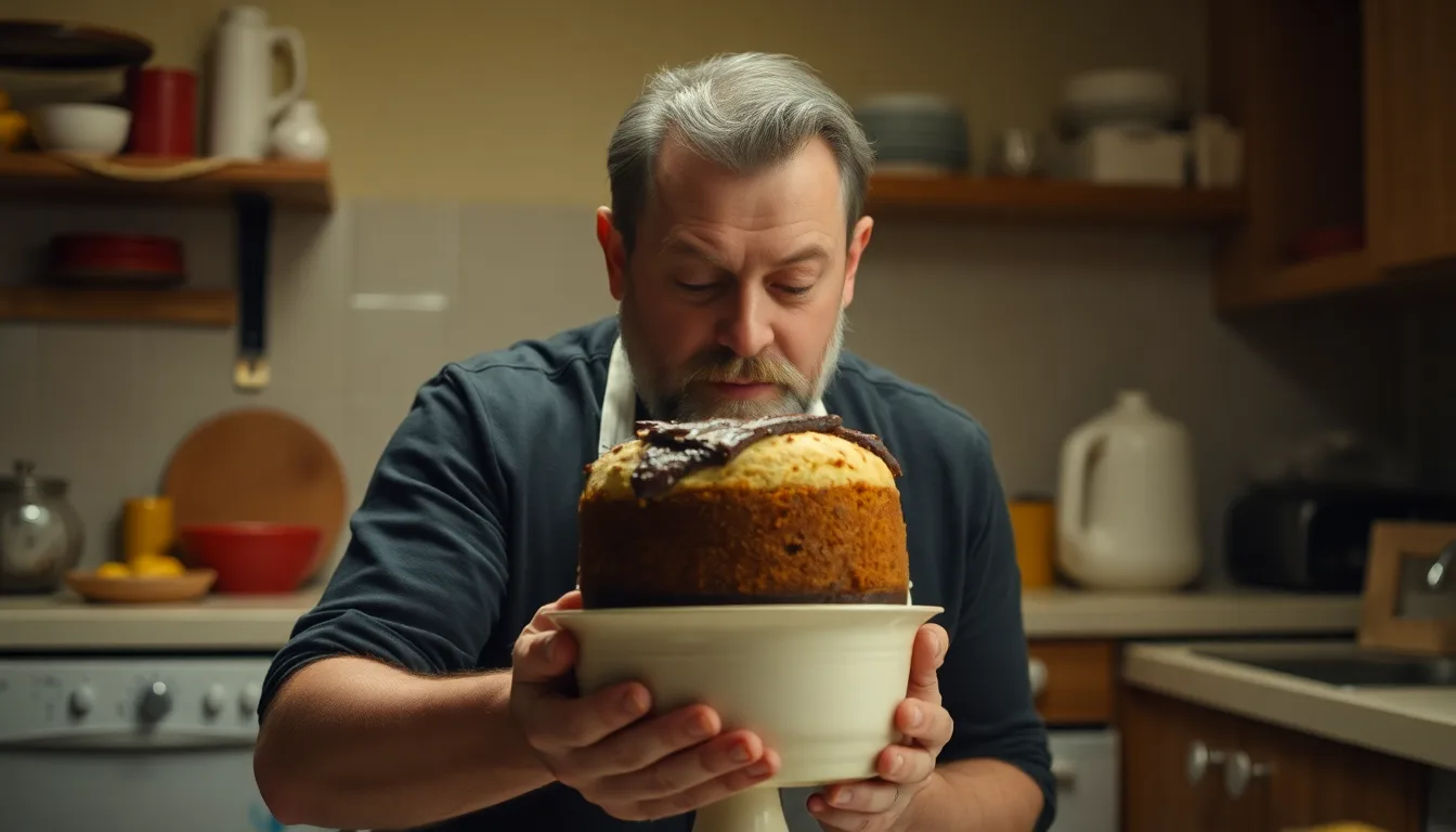Un dessert partiellement raté sur un plan de travail de cuisine.