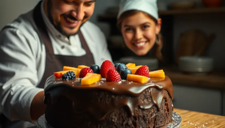Un gâteau parfaitement cuit et joliment décoré, avec une bougie allumée sur le dessus.