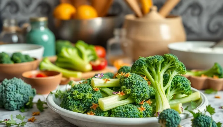 Des tiges de brocoli finement coupées, prêtes à être incorporées dans un plat vegan coloré.