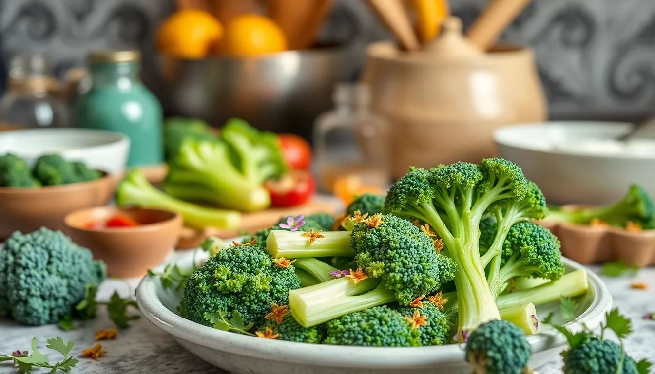 Des tiges de brocoli finement coupées, prêtes à être incorporées dans un plat vegan coloré.