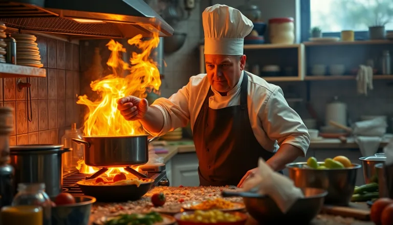 Une cuisine en désordre avec des ustensiles éparpillés, symbolisant le chaos.