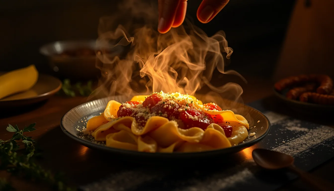 Un plat de pâtes appétissant, avec une main ajoutant une touche finale mystérieuse.