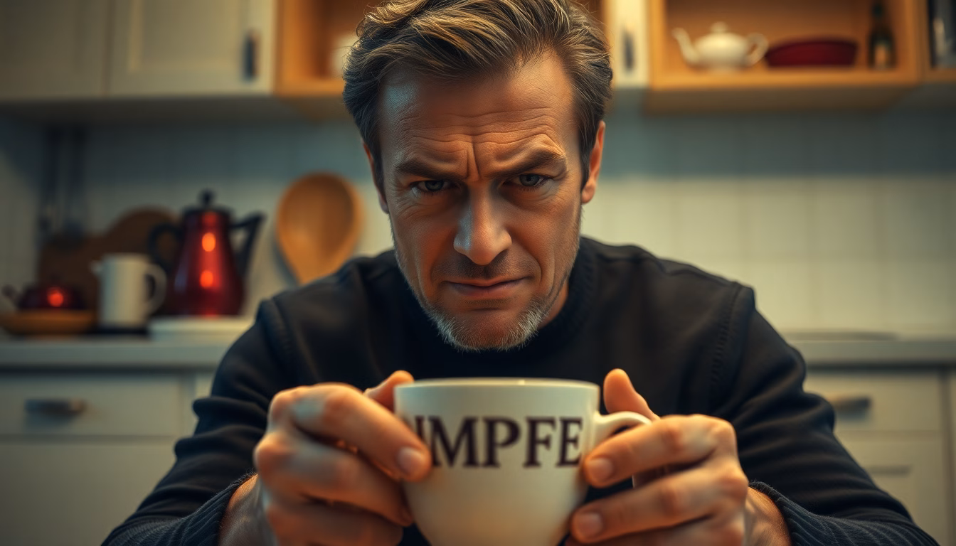 Une tasse de thé avec une expression de déception, entourée d'éléments symbolisant des erreurs.