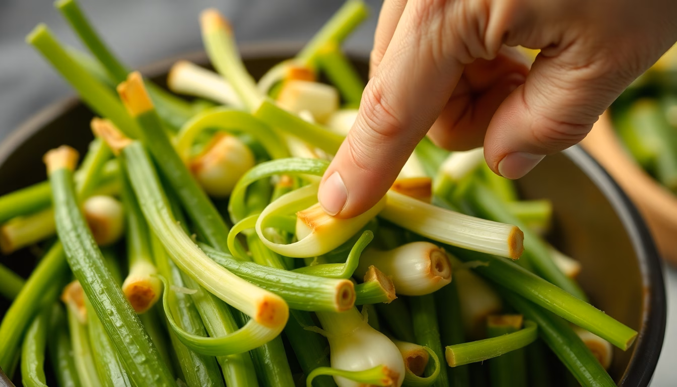 Oignons verts frais à côté d'une conserve ouverte
