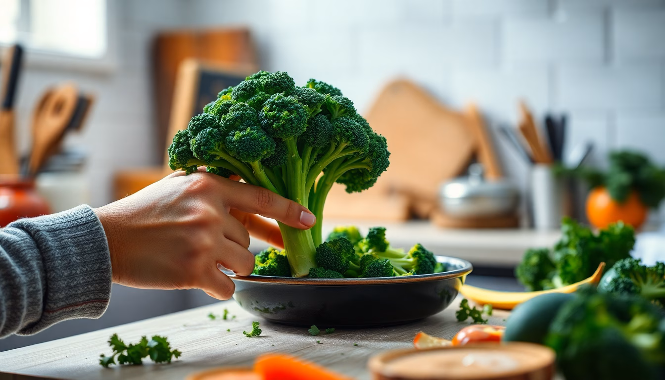 Des tiges de brocoli coupées avec des légumes frais autour, sur une planche à découper.