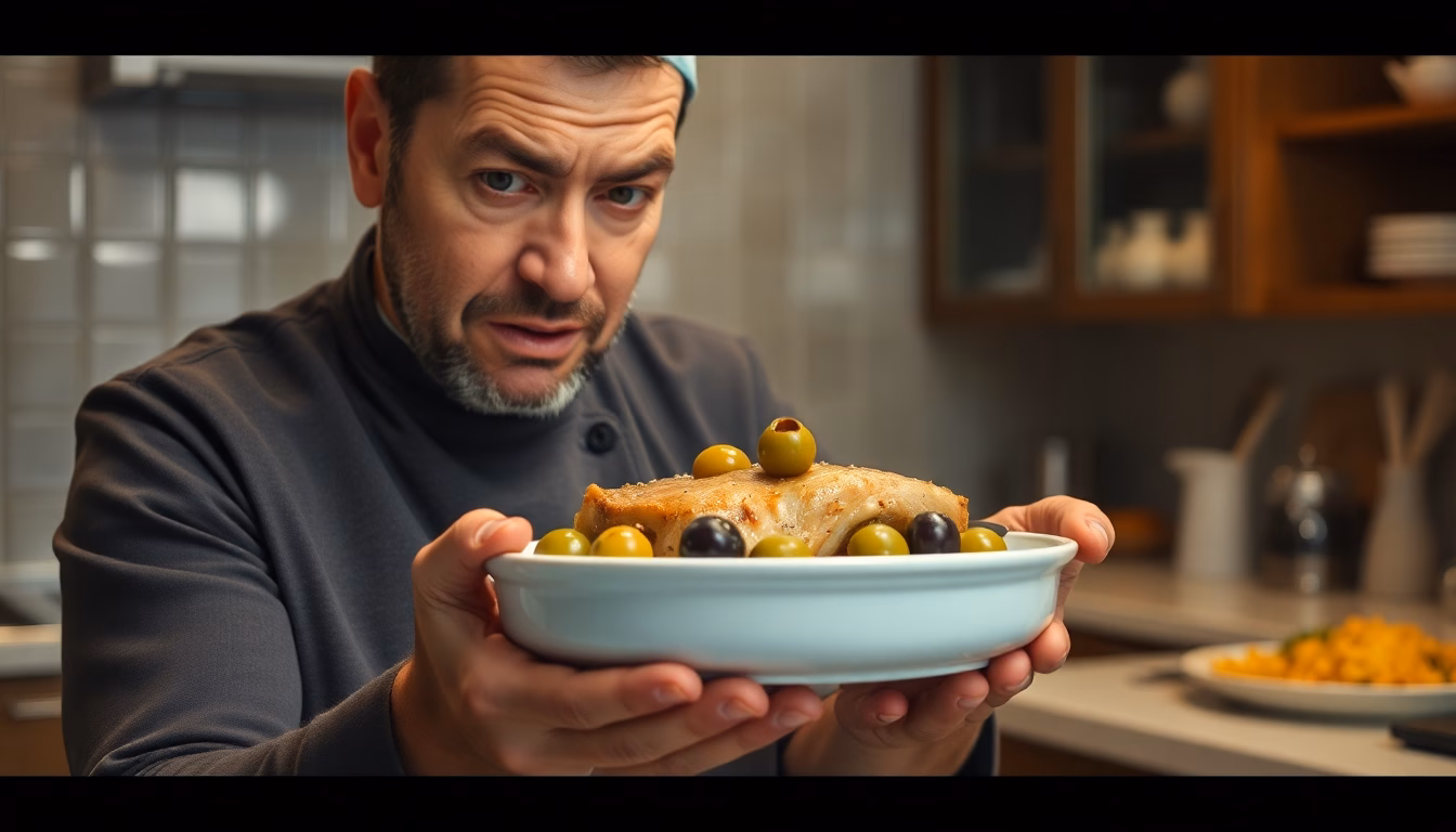 Plat de poulet aux olives manquant de sel avant correction.