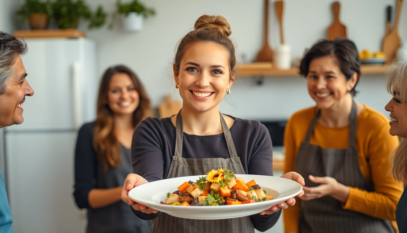 Un groupe d'amis souriant et partageant un plat savoureux lors d'un dîner, mettant en avant l'aspect convivial.