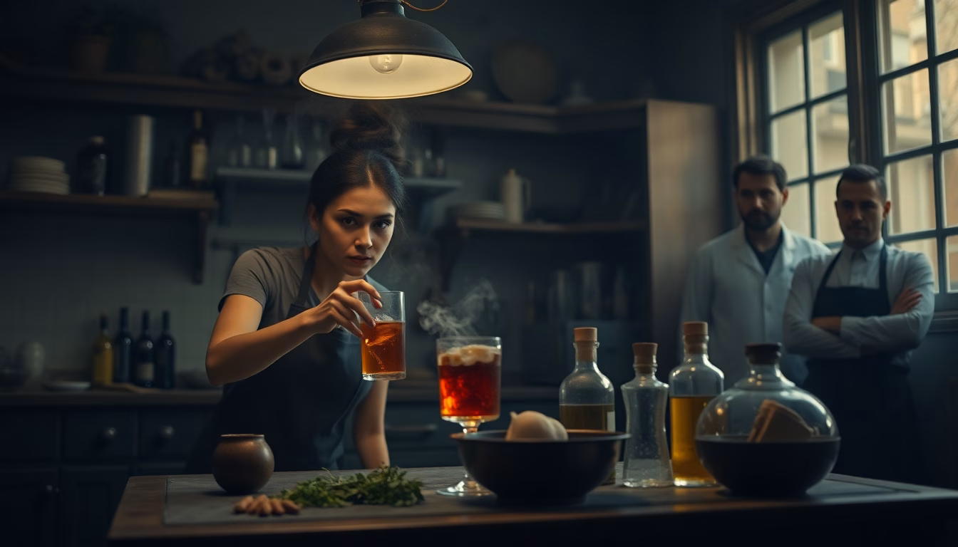 Un verre de boisson maison avec un point d'interrogation et un symbole d'avertissement.