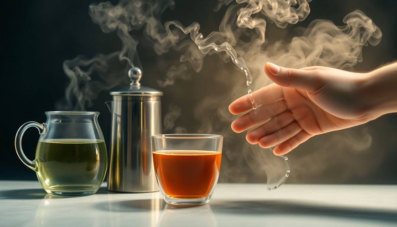 Une tasse de thé avec une goutte d'amertume stylisée.