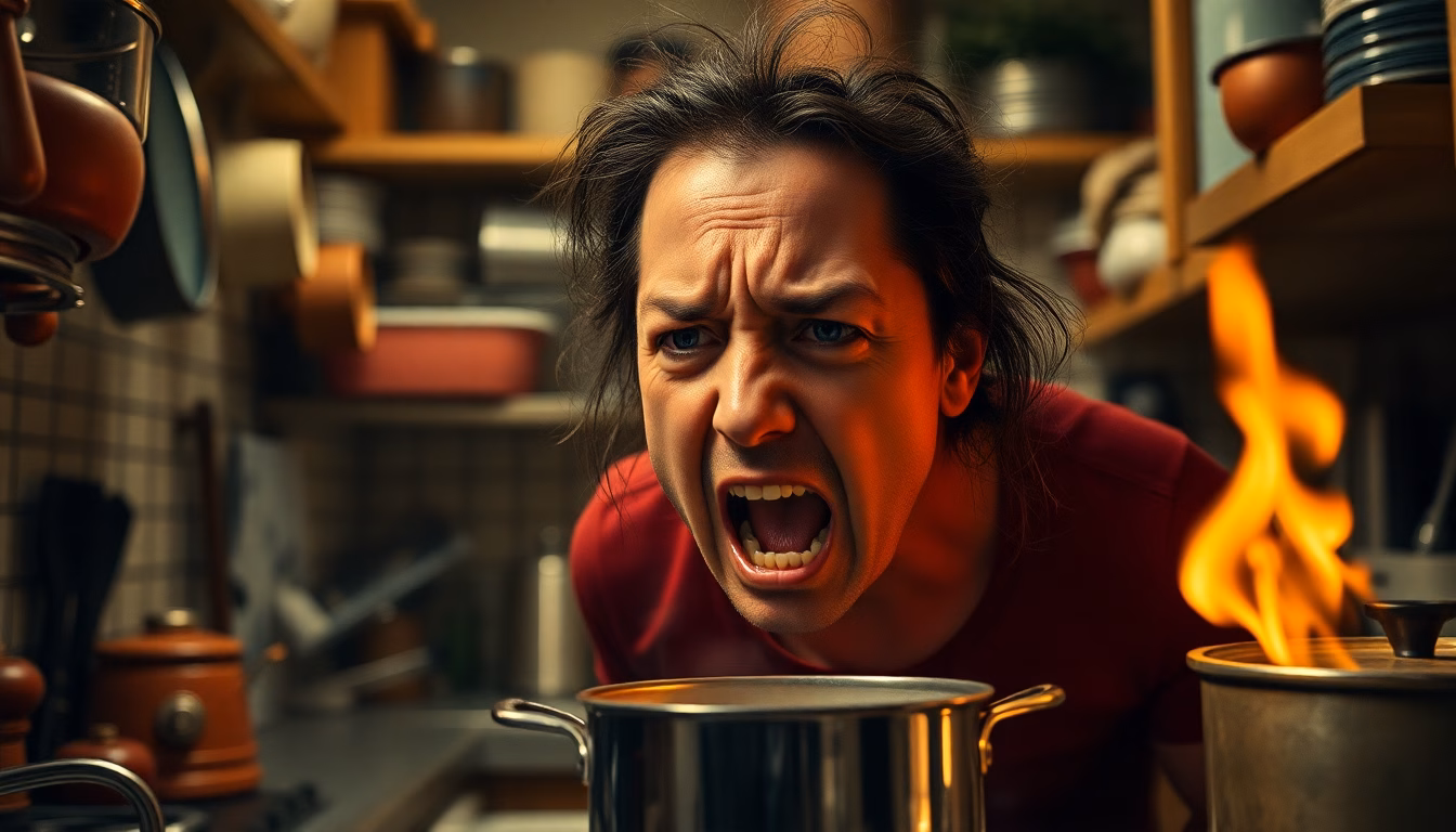 Cuisine en désordre avec des ustensiles éparpillés