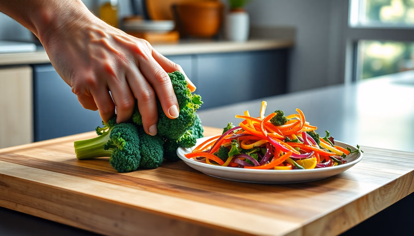 Des tiges de brocoli coupées en morceaux, prêtes à être cuisinées