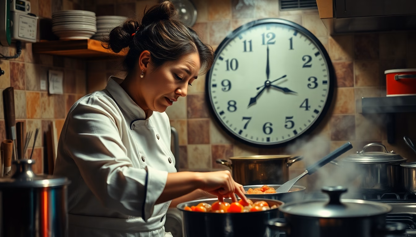 Une personne cherchant frénétiquement dans un placard de cuisine encombré.