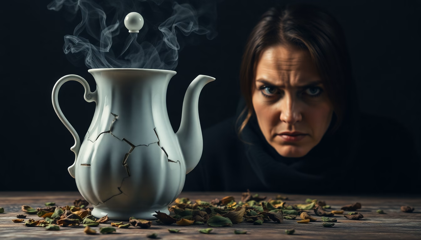 Tasse de thé fumante avec une expression de déception