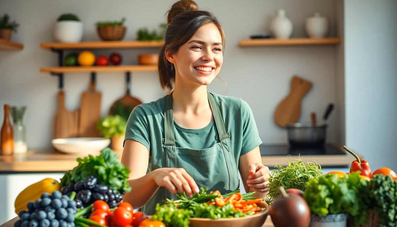 Une personne radieuse dégustant un plat vegan