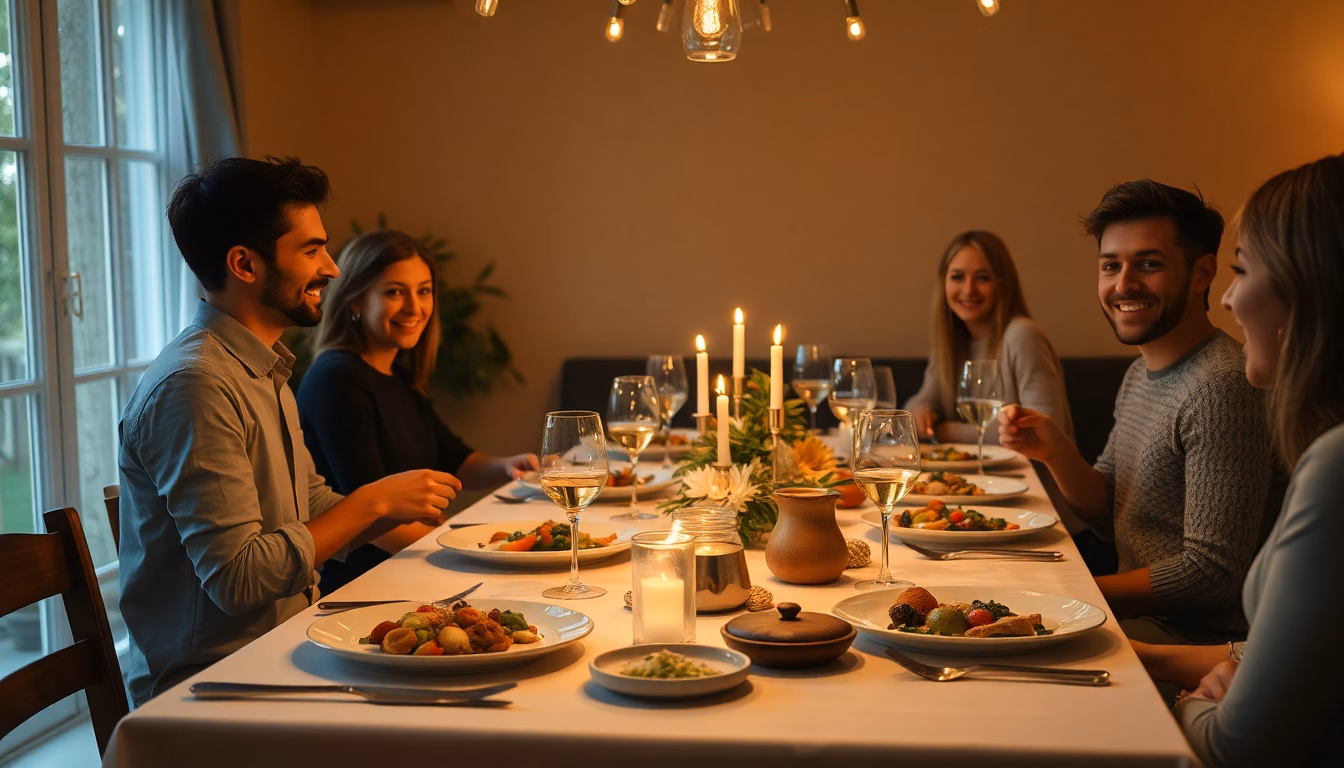 Table dressée avec un dîner improvisé et des invités admiratifs