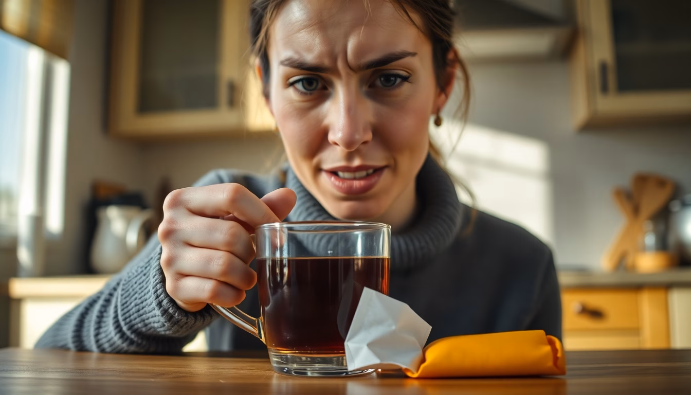 Une tasse de thé avec une expression de déception, à côté d'une liste d'erreurs.