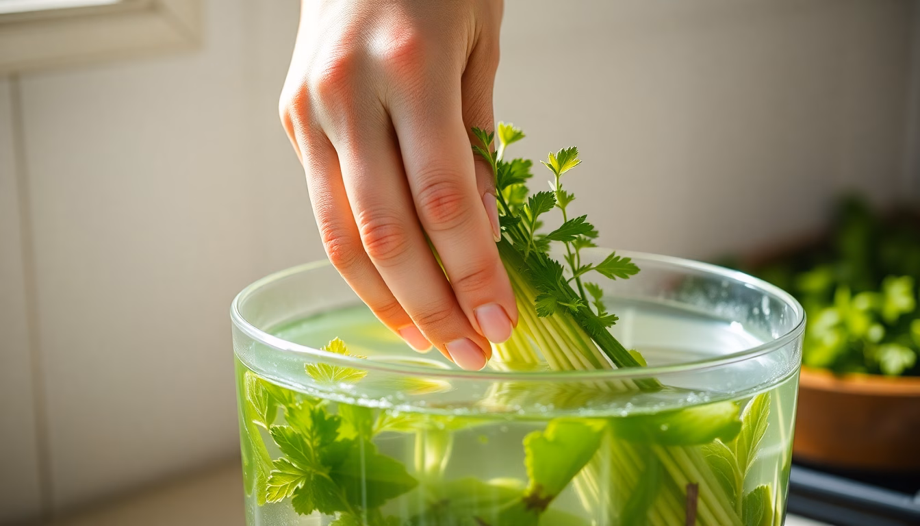 Des herbes fraîches conservées dans un pot d'eau.