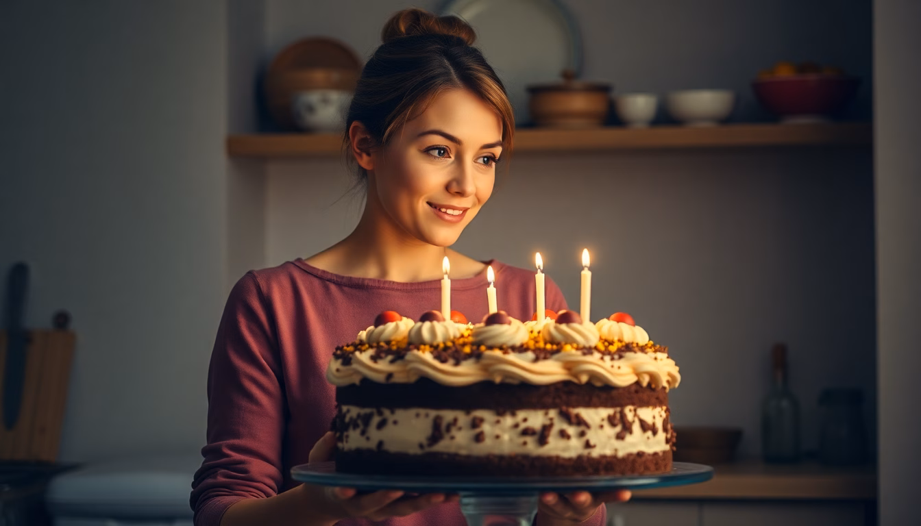 Personne souriante présentant un gâteau parfaitement réussi