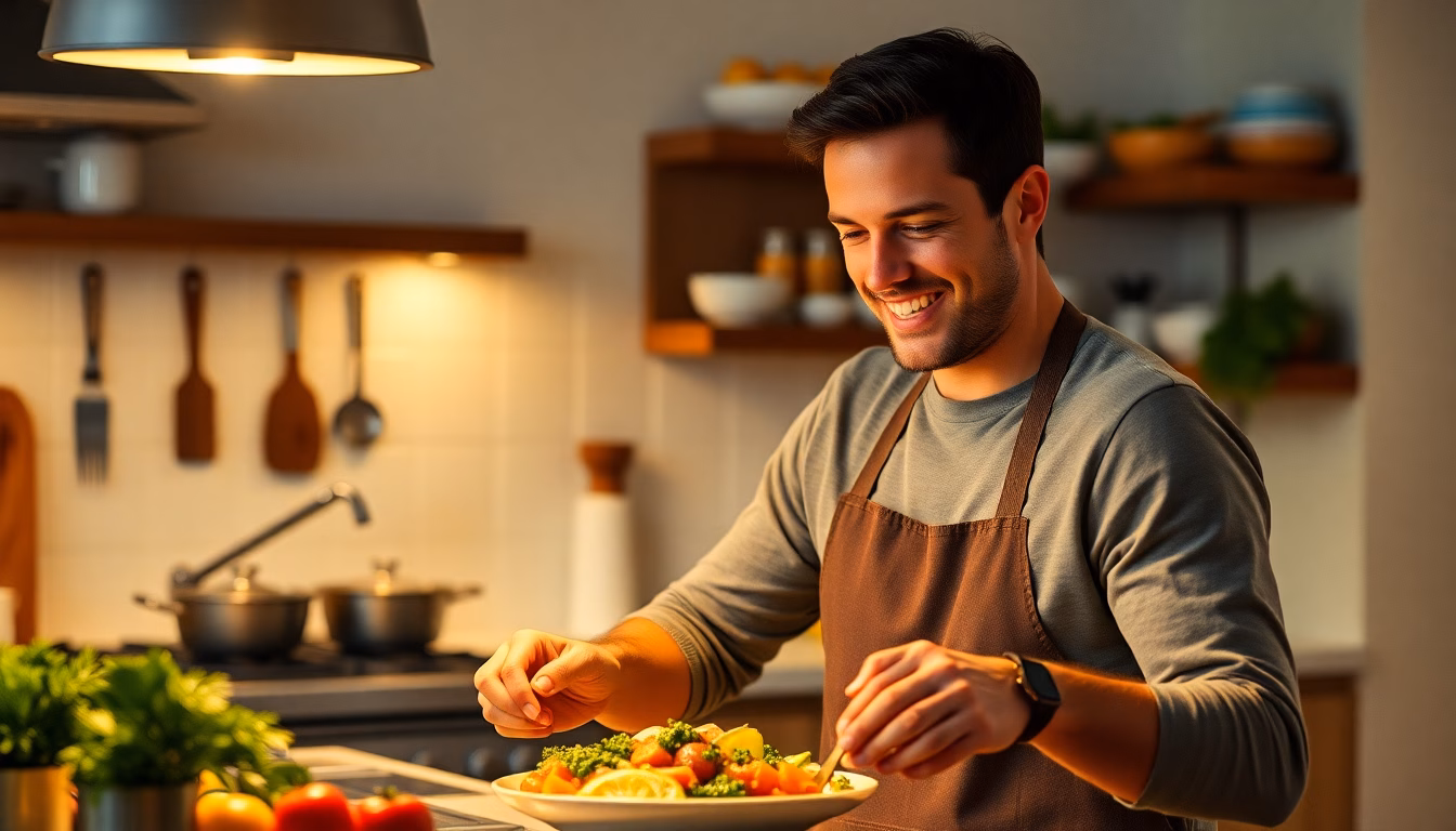 Personne souriante préparant un plat simple et appétissant
