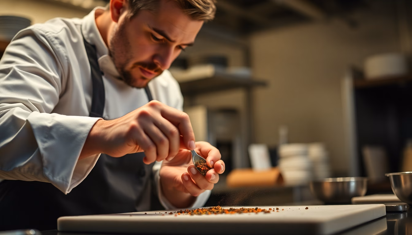 Un chef mesurant méticuleusement un ingrédient avec une balance de précision.