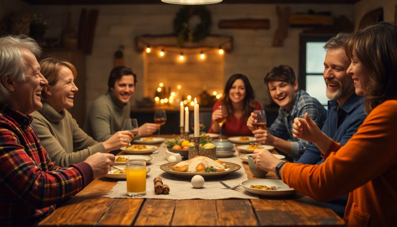 Table dressée avec un plat principal fait maison, sourires des convives