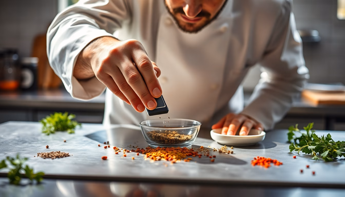 Gros plan sur un ustensile de cuisine de précision (balance, thermomètre, verre doseur) utilisé dans une préparation.