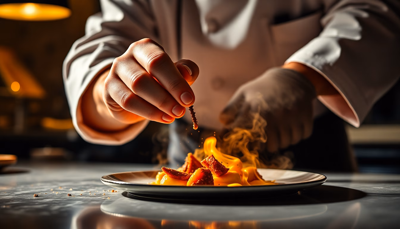 Un chef en action mesurant méticuleusement un ingrédient dans une cuisine professionnelle.