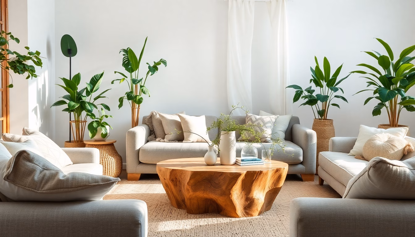 Salon avec plantes vertes et matériaux naturels