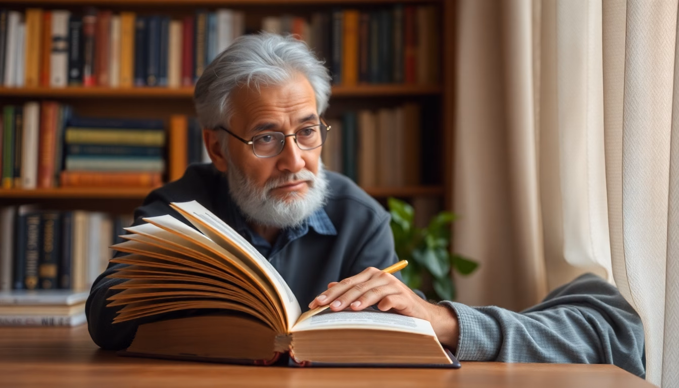 Portrait de Boualem Sansal avec ses livres